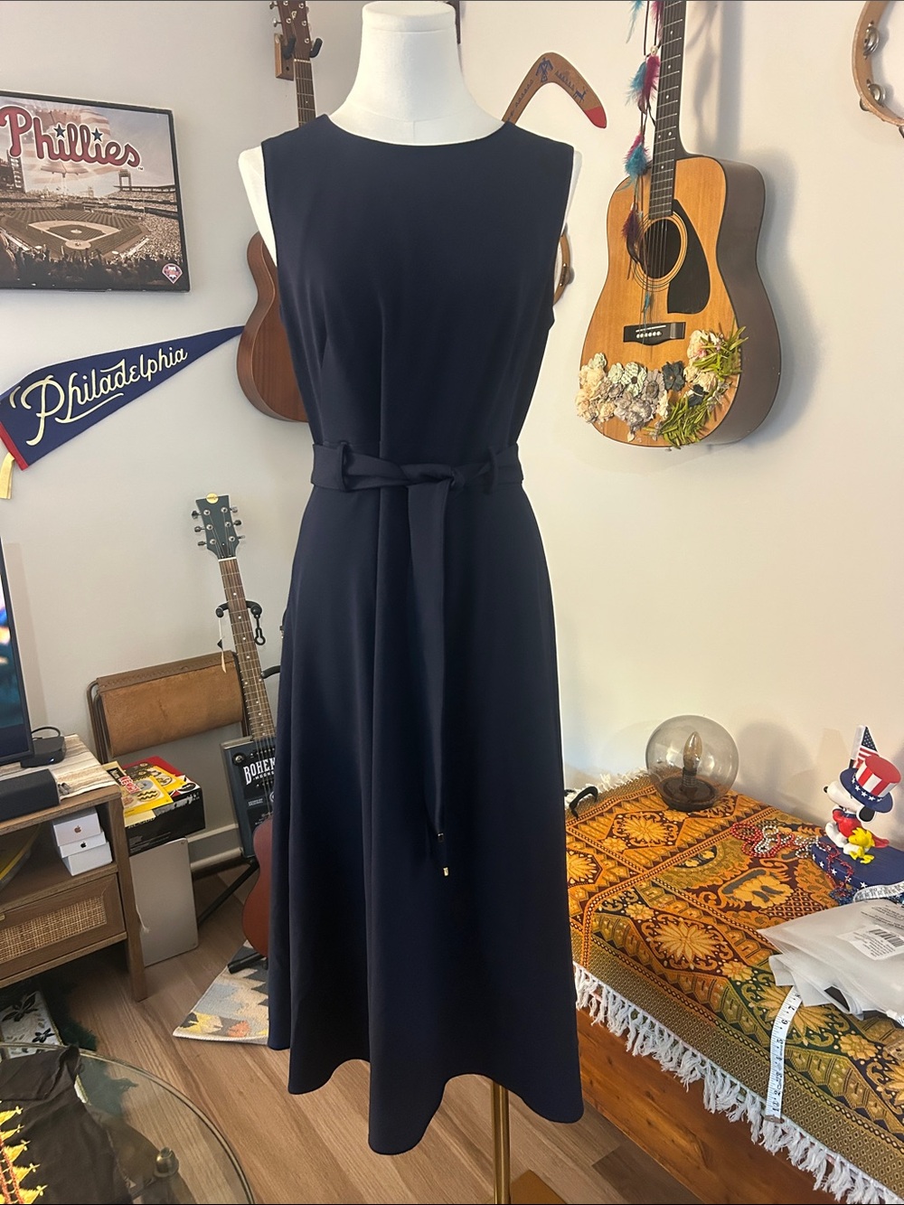 Calvin Klein Classic Sleeveless Navy Belted Midi Dress